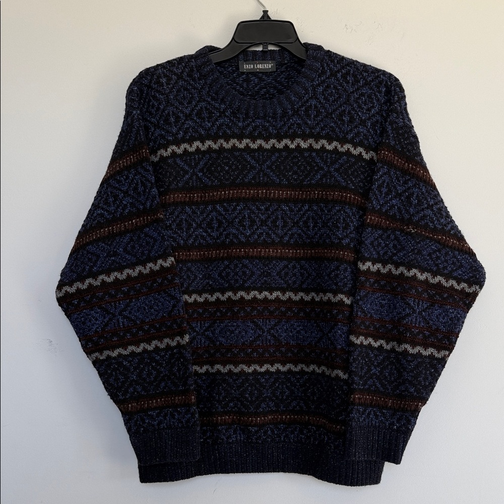 Navy & Brown Patterned Crewneck Sweater - Picture 3 of 8